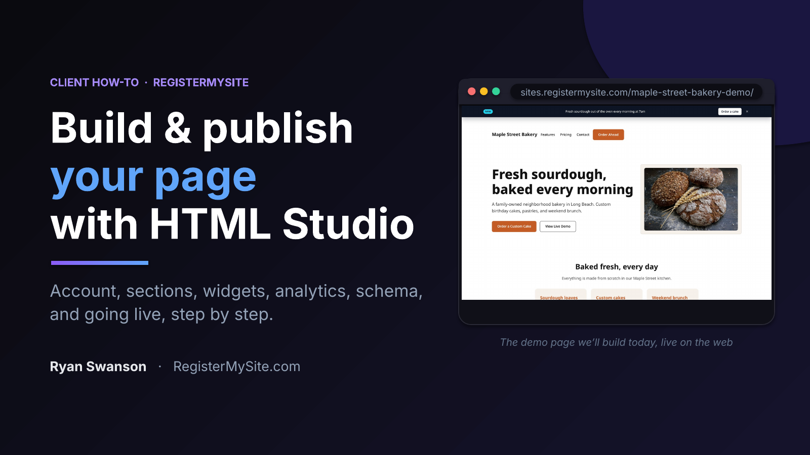 Slide 1 of 23: Build & publish your page with HTML Studio — Account, sections, widgets, analytics, schema, and going live.