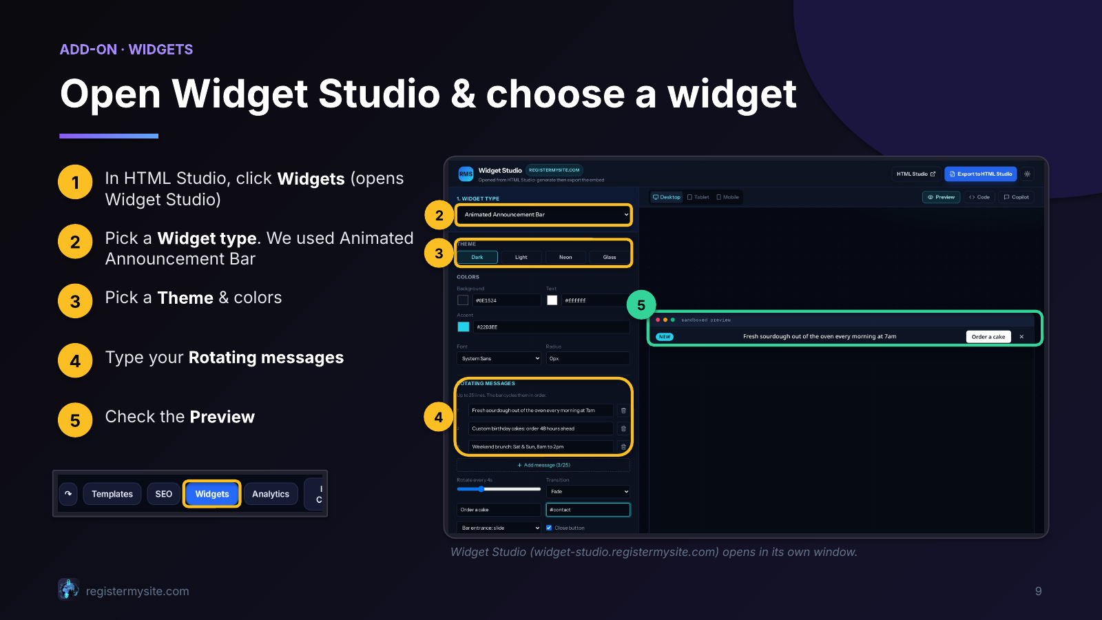 Slide 9 of 23: Widgets — open Widget Studio — Choose a widget such as an announcement bar.