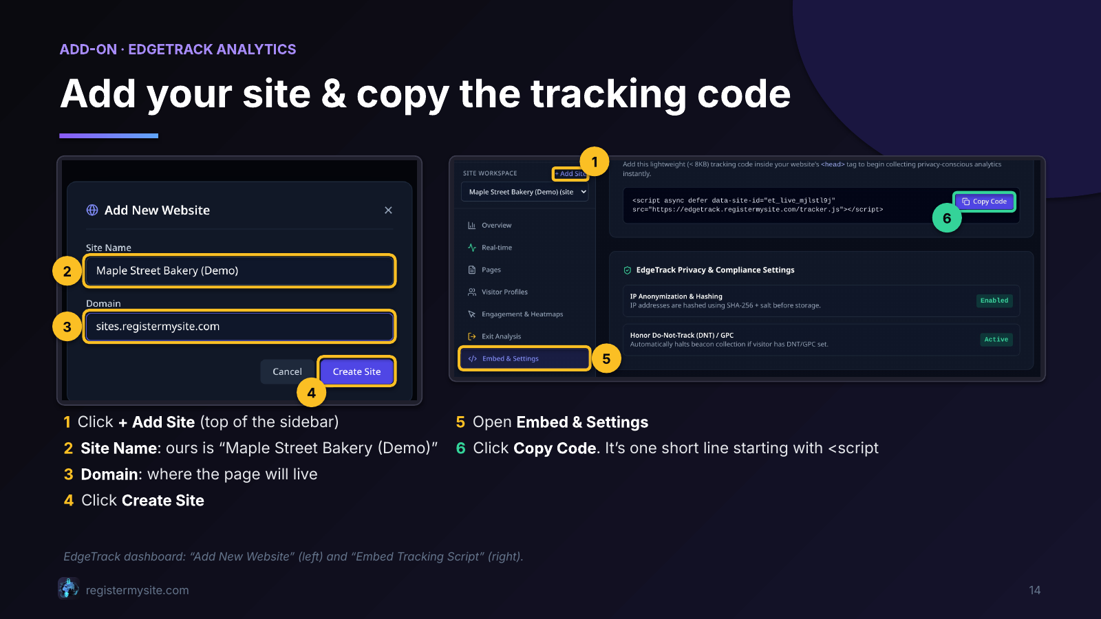 Slide 14 of 23: EdgeTrack — add your site — Copy the tracking code.