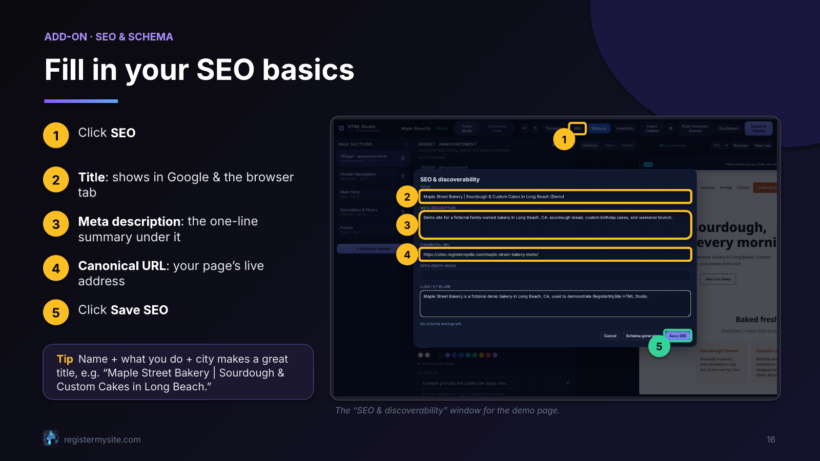 Slide 16 of 23: SEO basics — Fill in title, description, and basics.