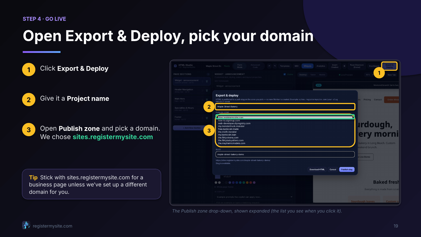 Slide 19 of 23: Go live — pick your domain — Open Export & Deploy.